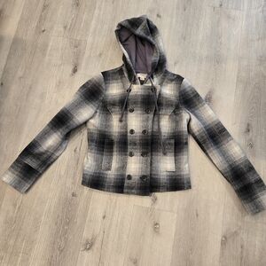 Forever 21 Grey Plaid Hooded Double Button Peacoat Size Medium